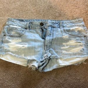 Distressed blue jeans